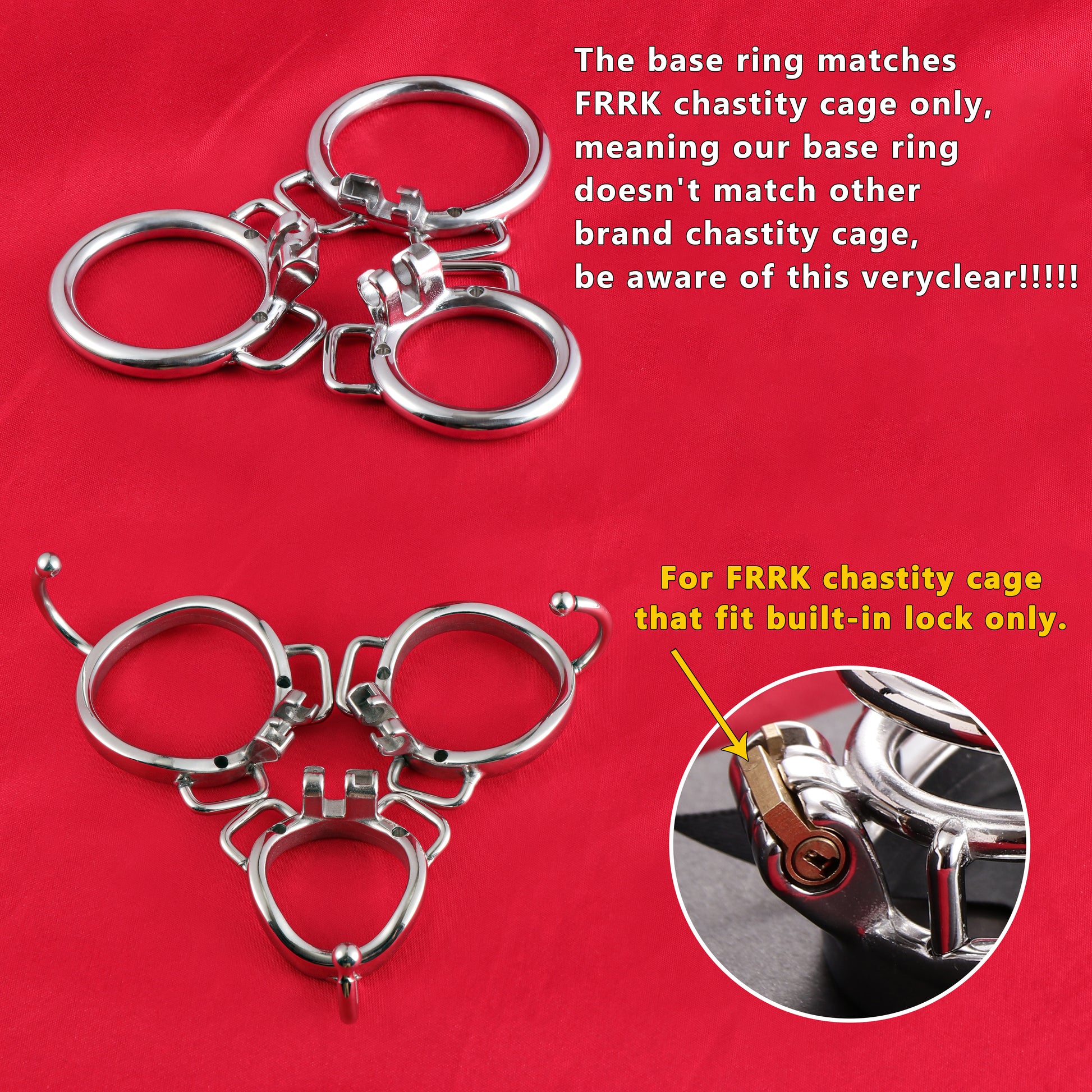 Base Rings for FRRK Chastity Cage (With Ears & Hook) That Fit Internal Side Slide Lock System Only, K03 - FRRK