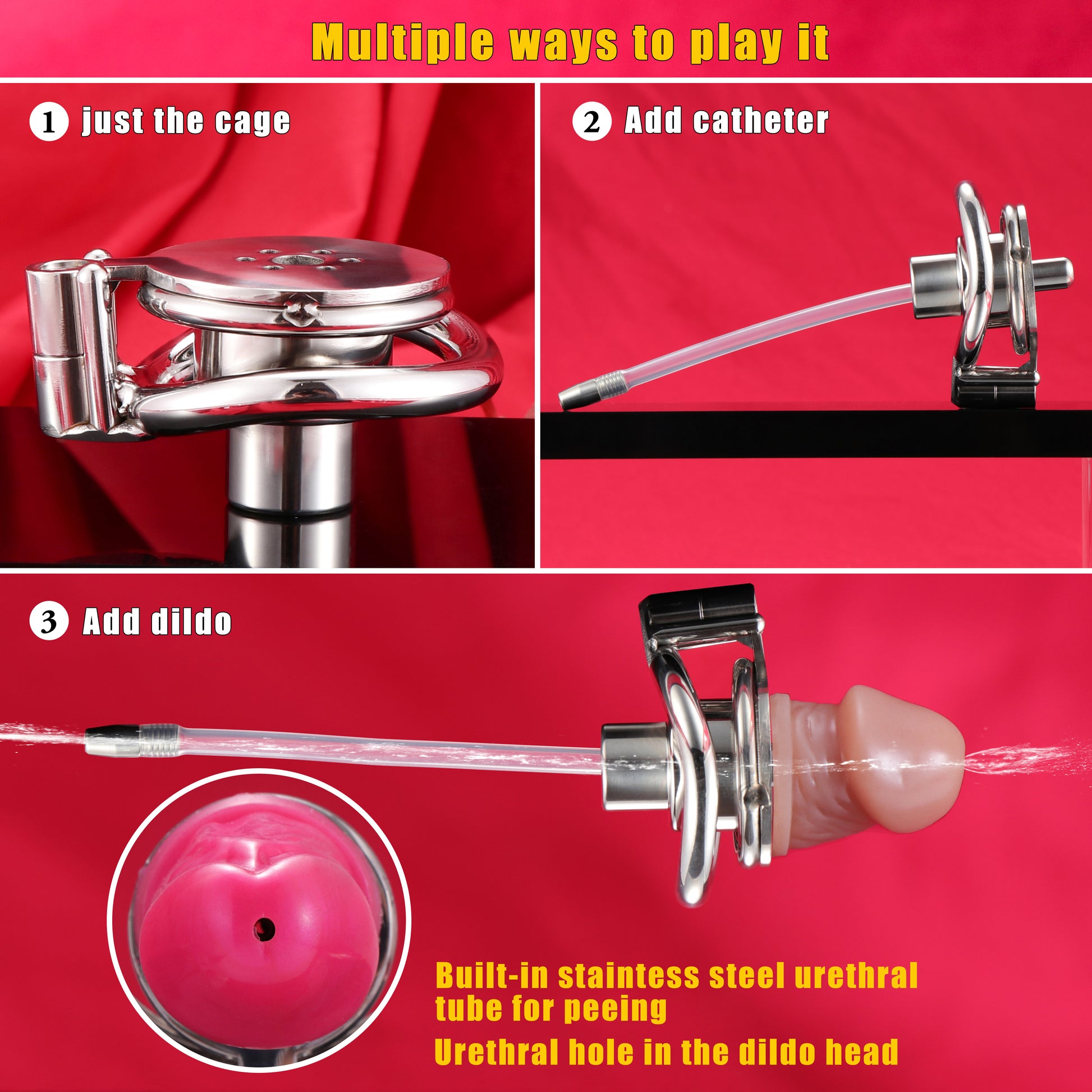 Screw Lock Inverted Double Cylinder Chastity Cage With Dildo & Catheter, F3410 - FRRK