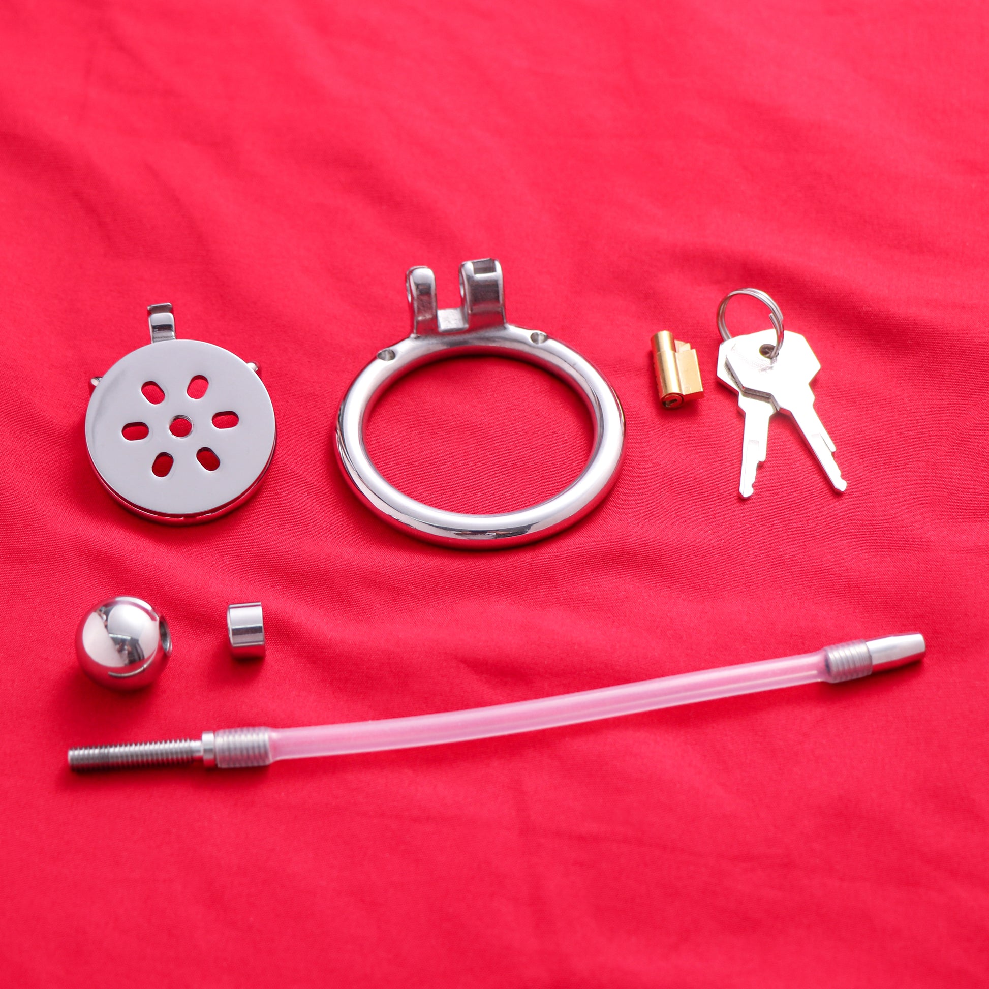 Flat Chastity Cage with Solid Metal Negative Ball and Catheter, F3192 - FRRK