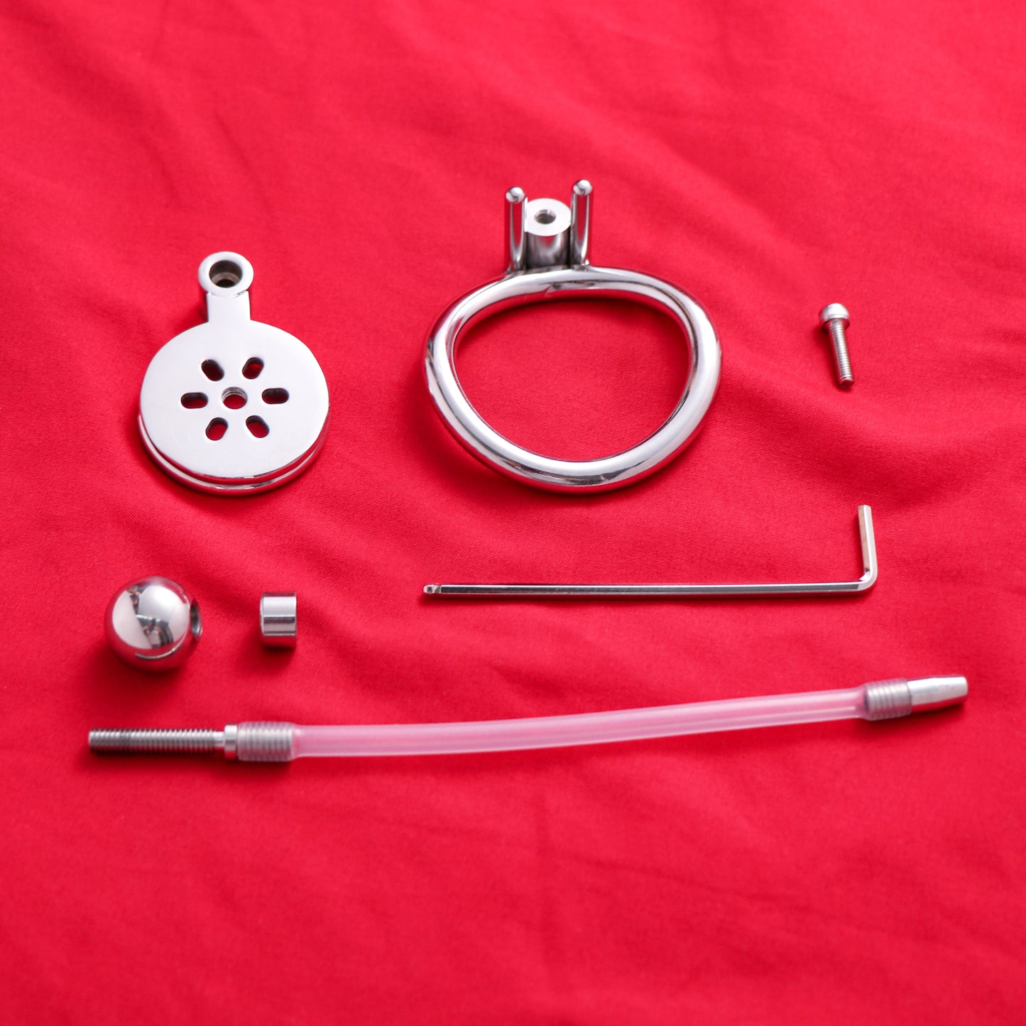 Flat Chastity Cage with Solid Metal Negative Ball and Catheter, F3189 - FRRK