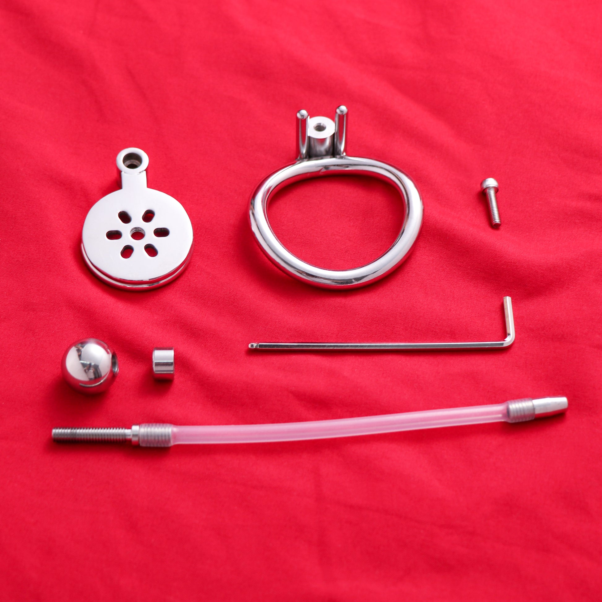 Flat Chastity Cage with Solid Metal Negative Ball and Catheter, F3189 - FRRK