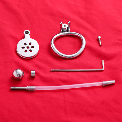 Flat Chastity Cage with Solid Metal Negative Ball and Catheter, F3189 - FRRK