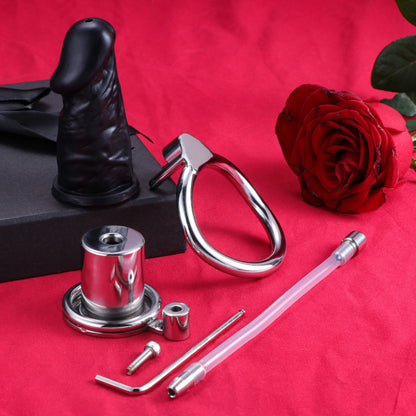 Screw Lock Inverted Single Cylinder Chastity Cage With Dildo & Catheter, F3409 - FRRK