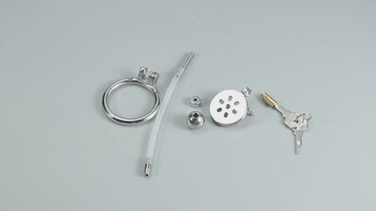 Flat Chastity Cage with Solid Metal Negative Ball and Catheter, F3192